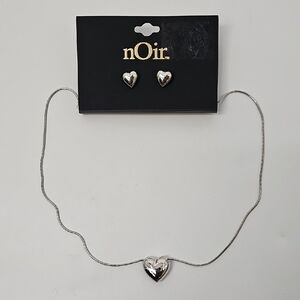 nOir‎ Heart Stud Earring & Neclace Set Silver-toned Dainty Coquette Girl